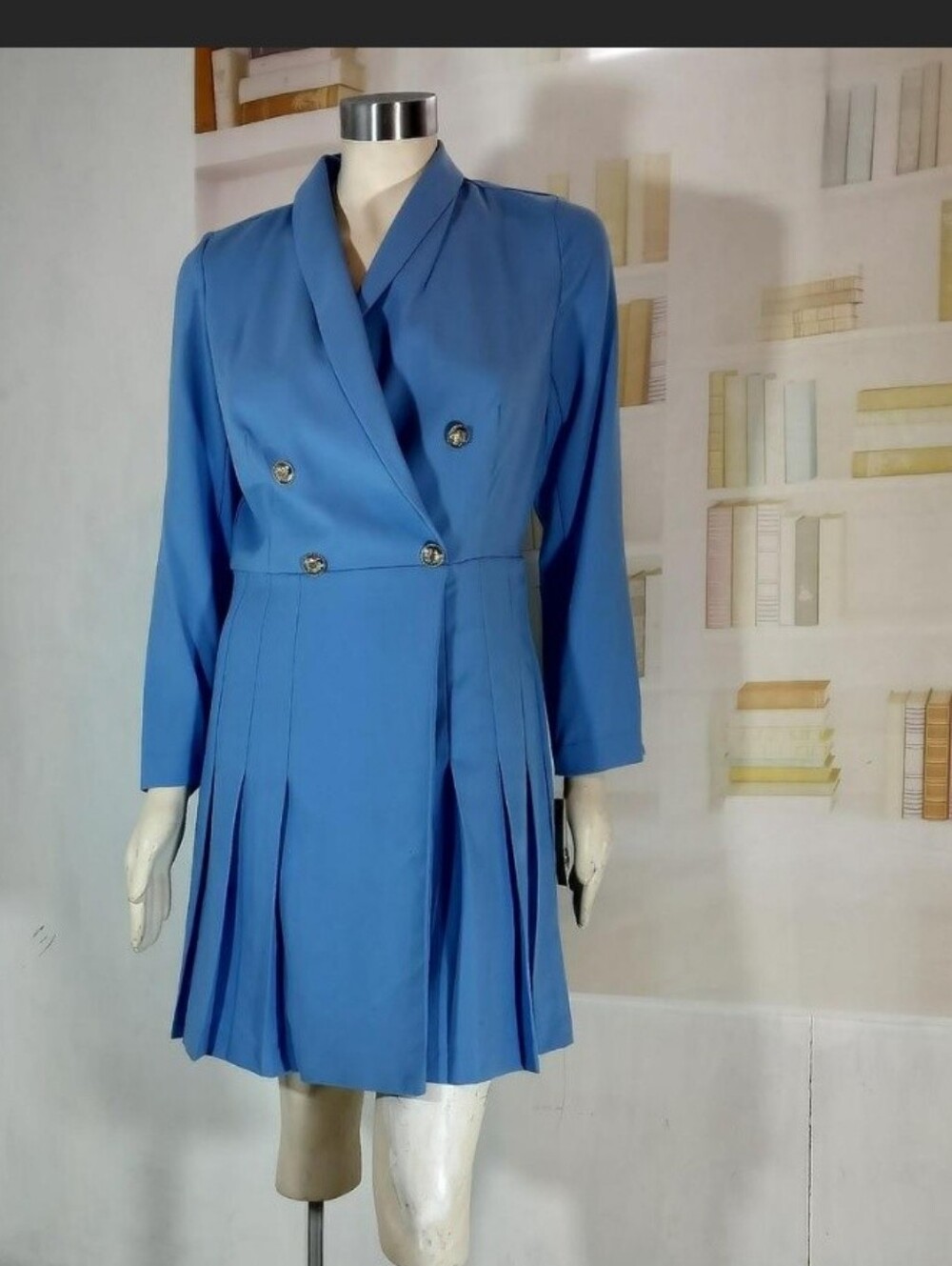 Women's Double-Breasted Pleated Blue Blazer Dress